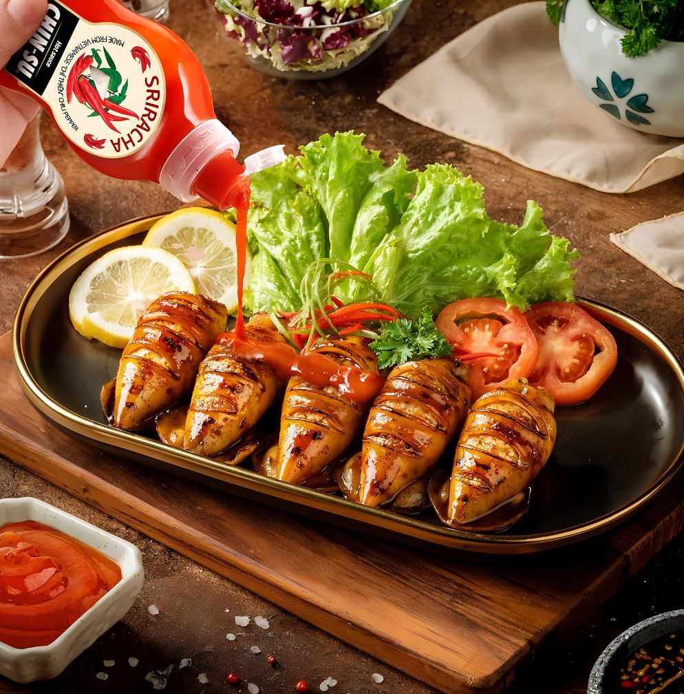 chin-su sriracha hot sauce with grilled squid